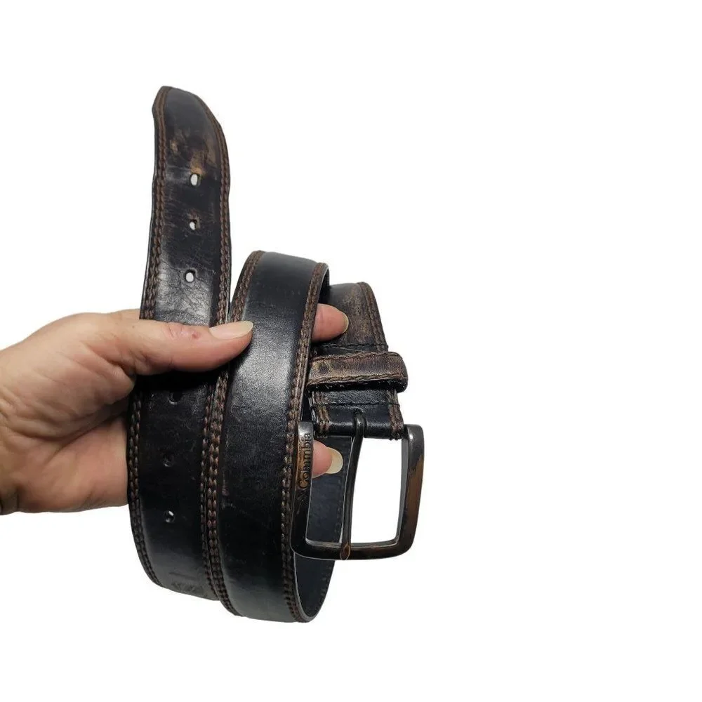 Columbia Black Genuine Leather Bronze Distressed Belt XL‎ Contrast Stitching